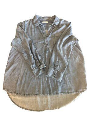 Liz Claiborne Womens Blue Chambray V-Neck Long Sleeve Shirt XL Tencel Casual Top